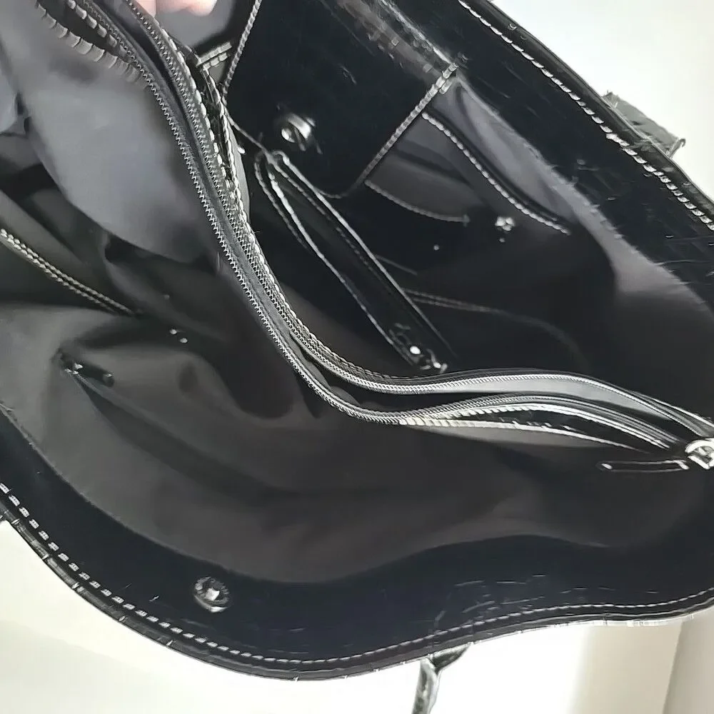 LIZ CLAIBORNE Embossed Faux Crocodile Black Purse Tote Shoulder Bag 14x10x5 EUC